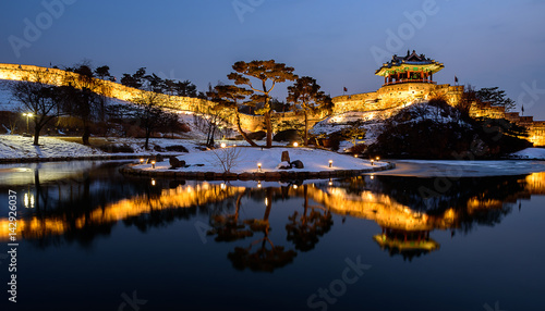 Reflection of Suwon Hwaseong fortres in Suwon.Korea photo