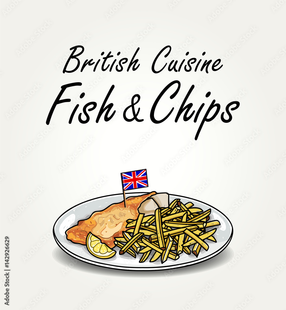 Typical English Meal Fish and Chips on Plate Stock Vector | Adobe Stock