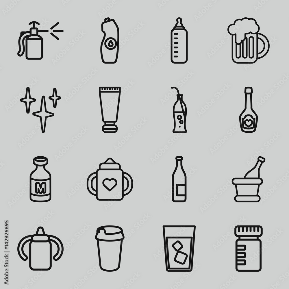 Set of 16 bottle outline icons Set of 16 bottle outline icons