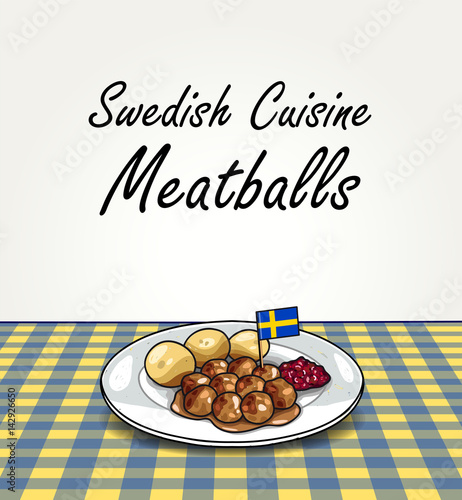 Traditional Swedish Meal - Vector Meatballs with Boiled Potatoes and Lingonberry Jam