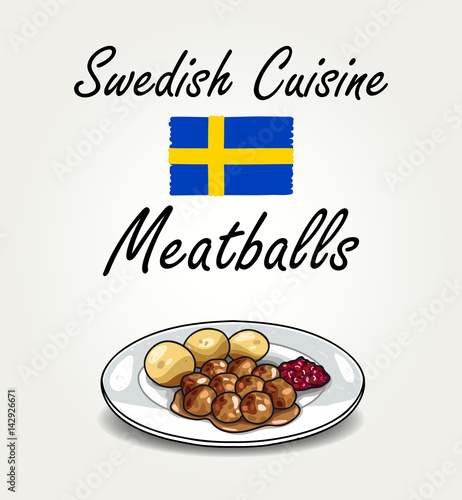 Typical Swedish Food - Vector Meatballs with Boiled Potatoes and Lingonberry Jam on Plate