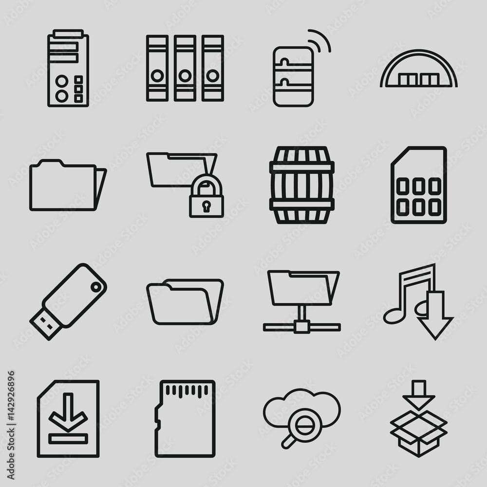 Set of 16 storage outline icons Set of 16 storage outline icons