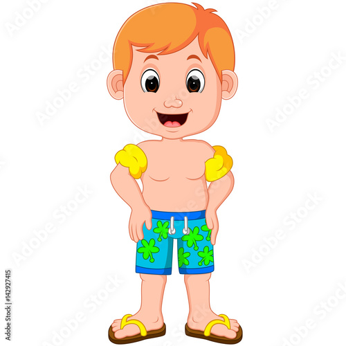 Boy swim with inflatable armbands cartoon