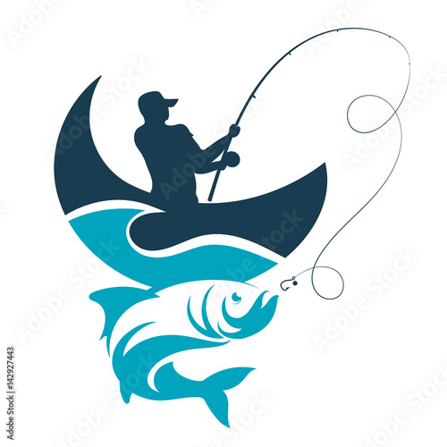 Fishing design. Fisherman catches from the boat on a wave.