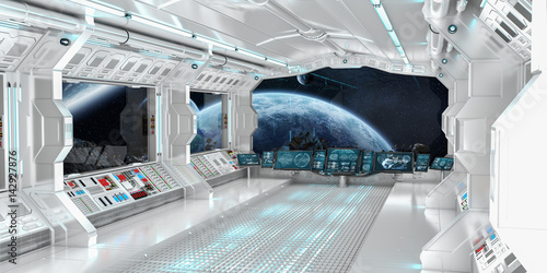 Fototapeta Naklejka Na Ścianę i Meble -  Spaceship interior with view on distant planets system 3D rendering elements of this image furnished by NASA