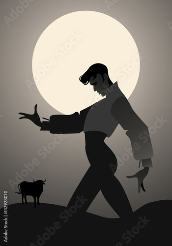 Man dancing flamenco and bull in the background