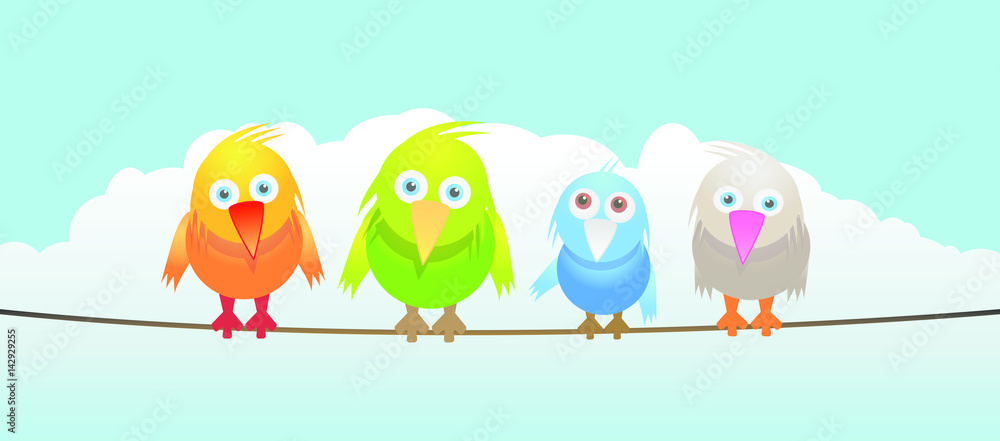 4 colored birds on a wire in front of a cloud 4 colored birds on a wire in front of a cloud