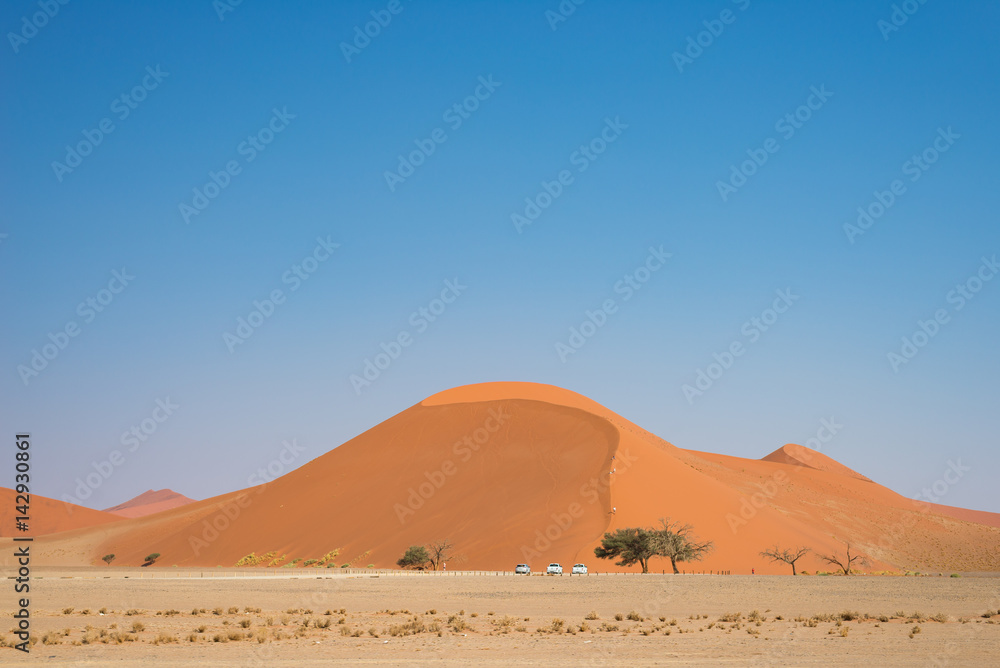 Scenic sand dunes in Sossusvlei, Namib Naukluft National Park, best tourist and travel attraction in Namibia. Adventure and exploration in Africa.