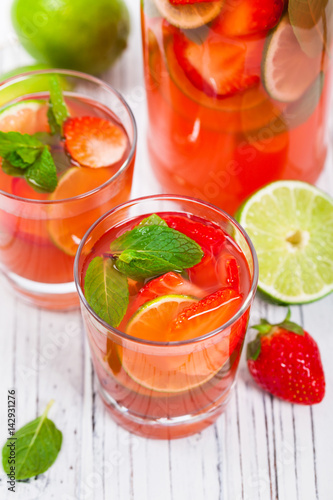 Strawberry Lime Lemonade Summer Drink. Selective focus.