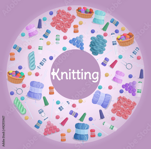 Handmade or knitting background with yarn skeins, knitting tools,  machine and handmade hobby accessories in flat style vector illustration