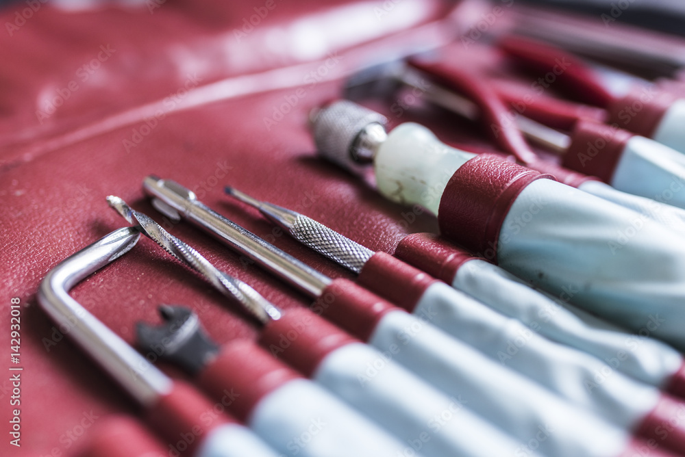 tools in red leather case tools in red leather case