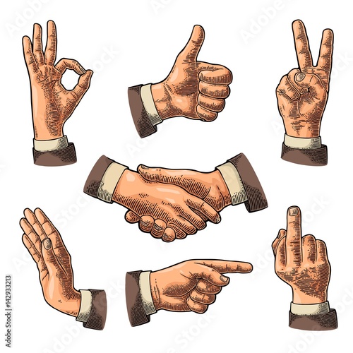 Male Hand sign. Like, Handshake, Ok, Stop, Middle finger, Victory