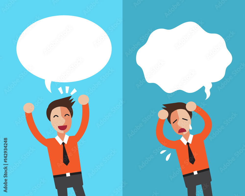 Cartoon businessman expressing different emotions with speech bubbles Cartoon businessman expressing different emotions with speech bubbles