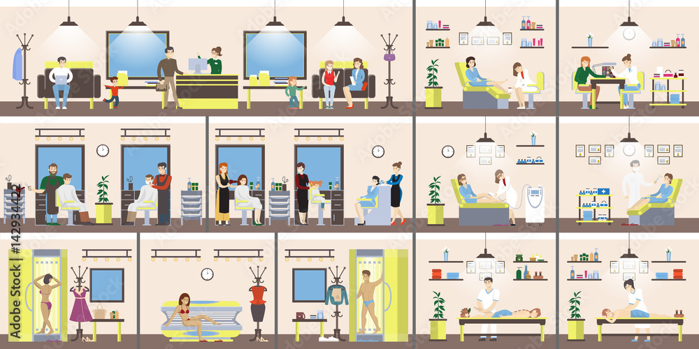 Beauty salon interior set. Spa and massage, barber and manicure and more.