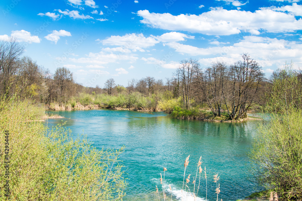 Beautiful landscape, waterfall, clear green water and on Mreznica river in Croatia, panoramic view. Beautiful landscape, waterfall, clear green water and on Mreznica river in Croatia, panoramic view.