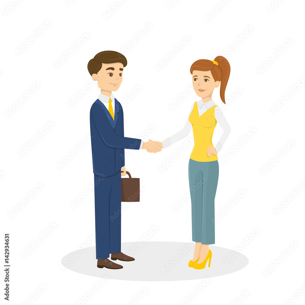 Hand shaking of businessmen. Man and woman stand on white backgrond and shake hands in agreement. Hand shaking of businessmen. Man and woman stand on white backgrond and shake hands in agreement.