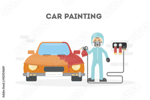 Car painting service. Man in protection uniform paints the car with spray gun.