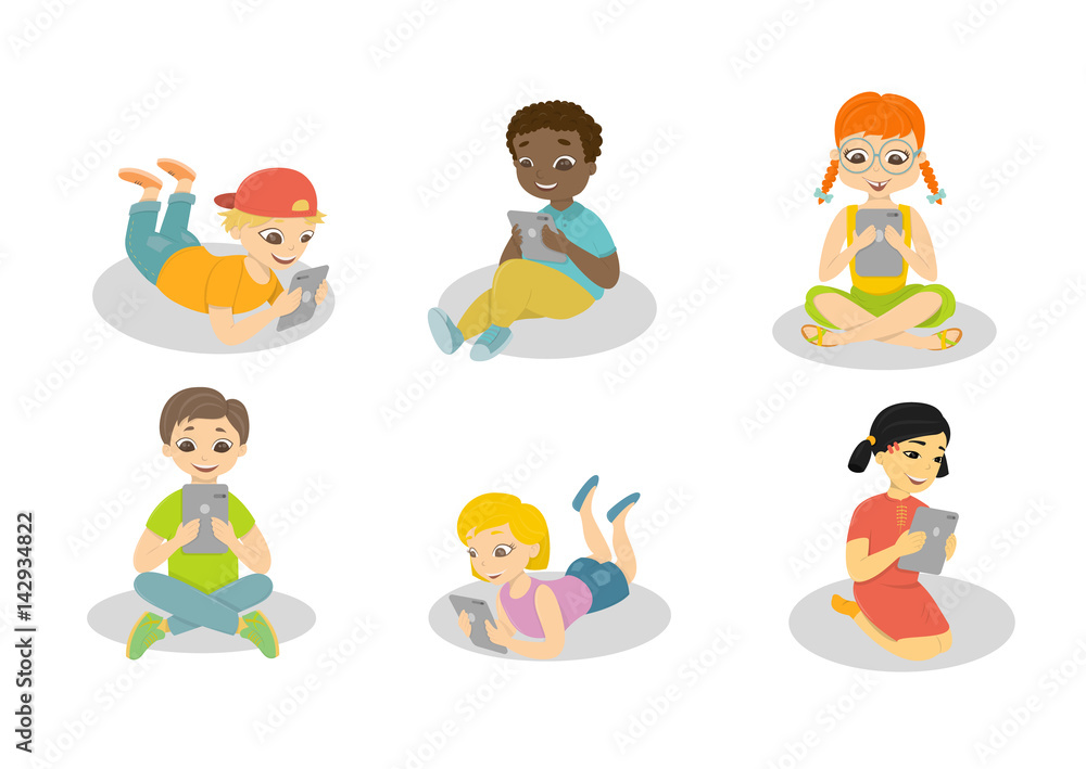 Children with computers. Isolated cartoon kids play with tablets on white background. Children with computers. Isolated cartoon kids play with tablets on white background.