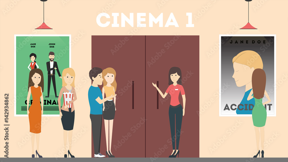 Obraz premium Going to cinema. People with popcorn are going to watch the film in cinema hall. Room with movie posters.