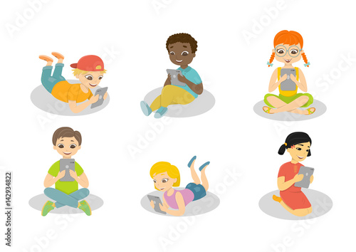 Children with computers. Isolated cartoon kids play with tablets on white background.