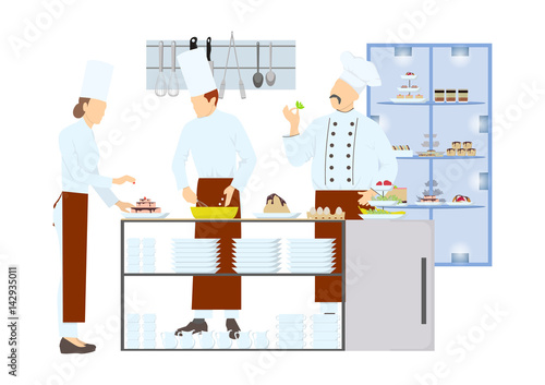 Chefs on kitchen. Confectioners make new sweets, cakes and more. People in cooking uniform.