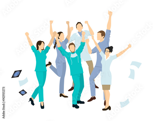 Doctors jump in joy. Isolated characters on white background.