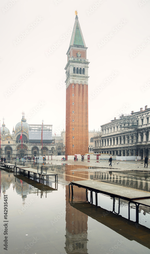 Piazza San Marco at small Acqua Altain the foggy weather - Venice, Italy