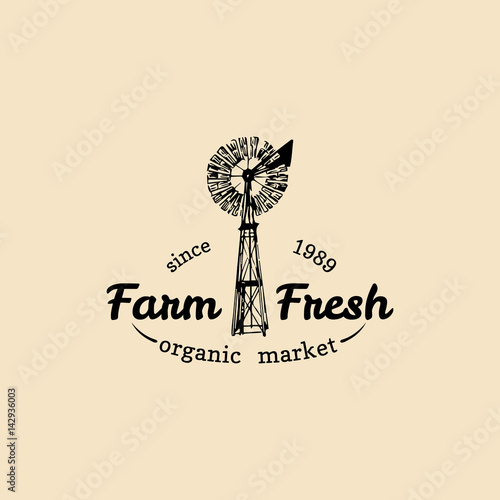 Vector retro family farm logotype. Organic premium quality products sign. Vintage hand sketched windmill icon.