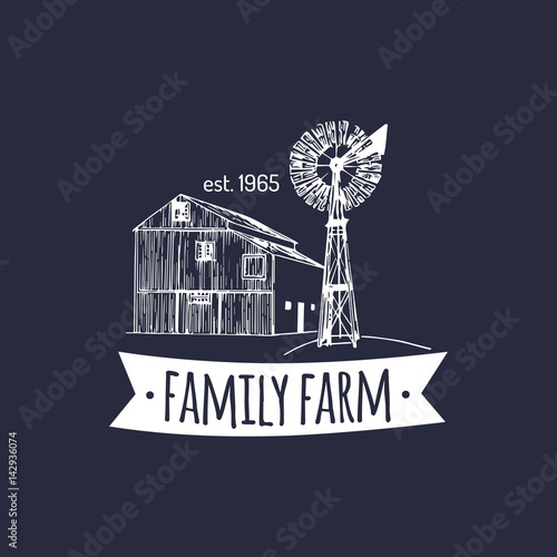 Vector retro family farm logotype. Organic premium quality products badge. Vintage hand sketched barn and windmill icons