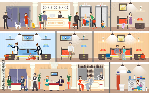 Hotel interior set. Reception and rooms, restaurant and laundry.