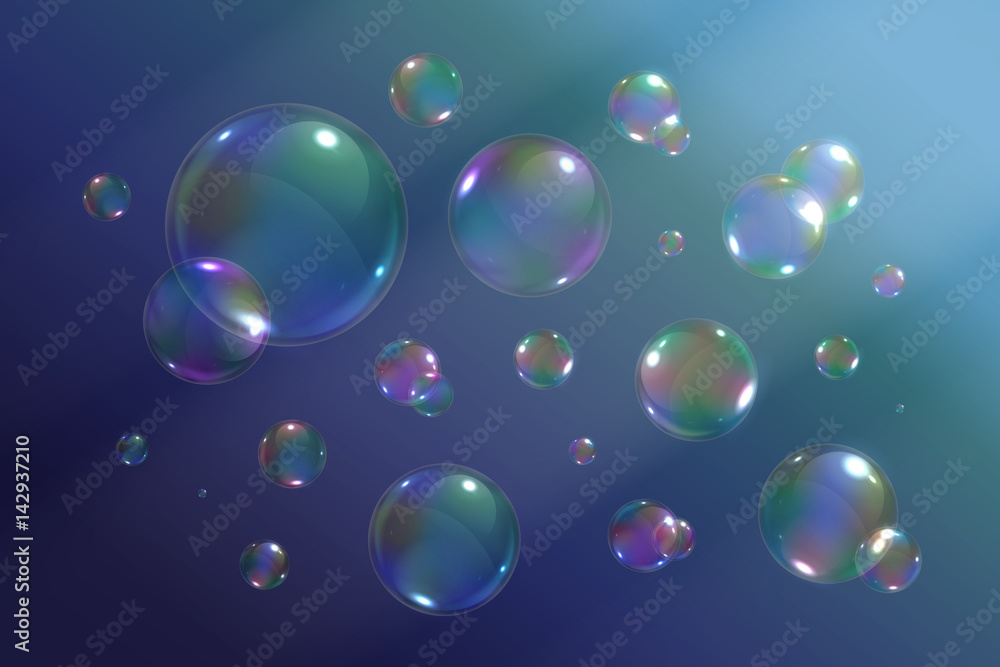Vector set of isolated realistic soap bubbles on the blue background.