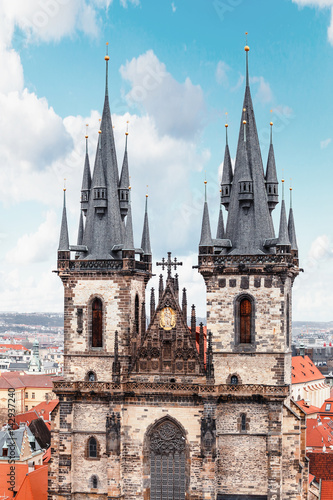 Tyn church two temple towers, close-up view