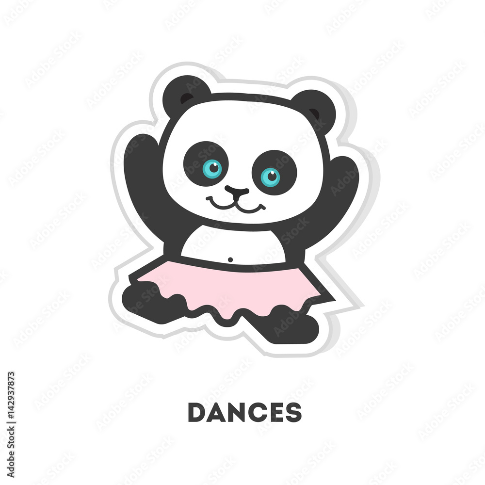 Naklejka premium Funny panda listens to music. Isolated cartoon sticker. Panda in pink skirt.
