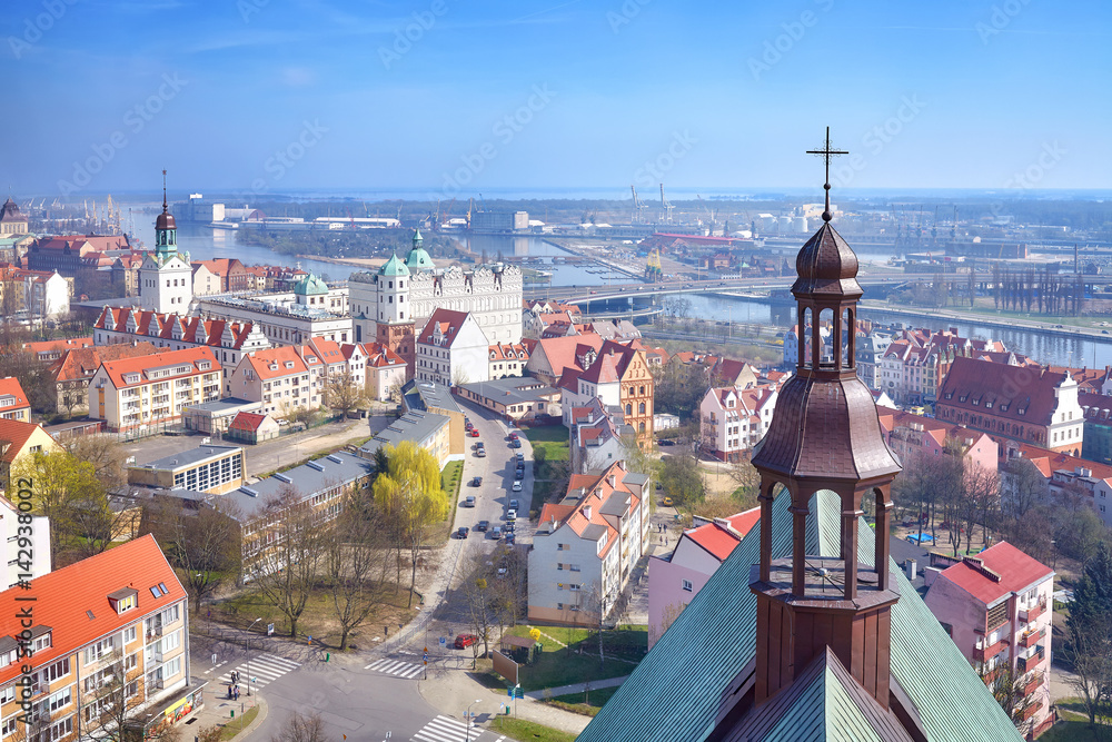 Aerial view of Szczecin city downtown with Odra River view, Poland