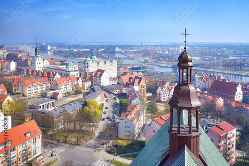 Aerial view of Szczecin city downtown with Odra River view, Poland.