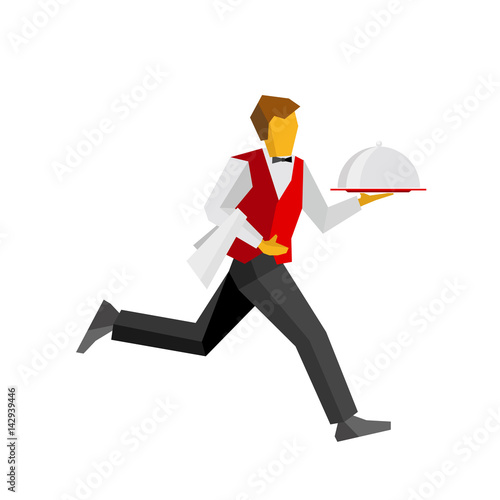 Waiter in black and red running with tray