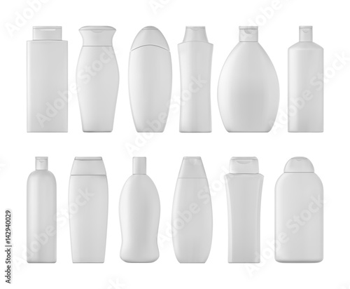 Fototapeta Naklejka Na Ścianę i Meble -  Shampoo bottles set on white background. 3D illustartion.