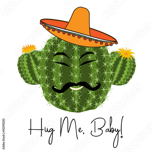 Cactus print with funny cactus in vector. Postcard "Hug me please"
