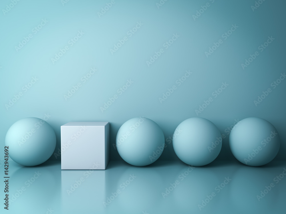 Stand out from the crowd and different creative idea concepts , One white square box standing among green spheres on green background in the row with reflections and shadows . 3D rendering. Stand out from the crowd and different creative idea concepts , One white square box standing among green spheres on green background in the row with reflections and shadows . 3D rendering.