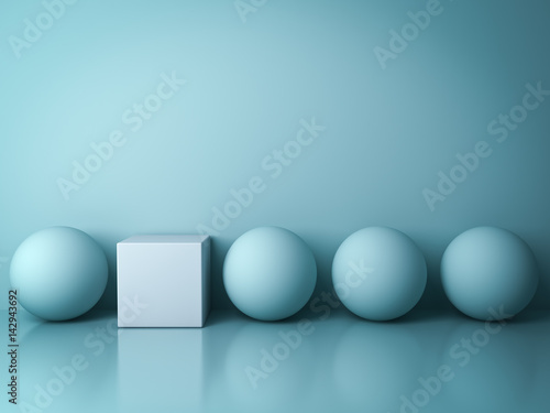 Stand out from the crowd and different creative idea concepts , One white square box standing among green spheres on green background in the row with reflections and shadows . 3D rendering.