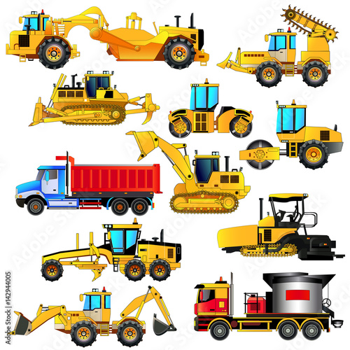 Road construction equipment set. Detailed vector icons, isolated on white