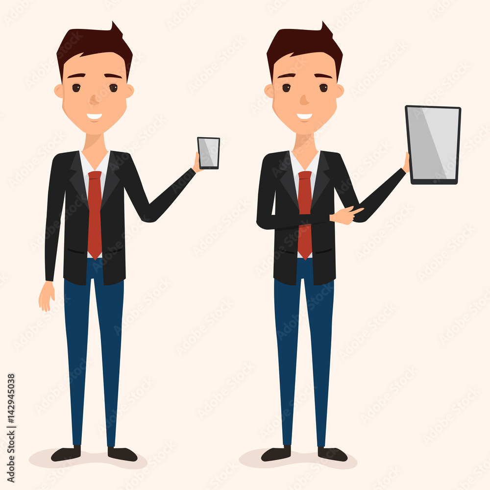 business man presenting a mobile phone to communication. illustration people character flat design. business man presenting a mobile phone to communication. illustration people character flat design.