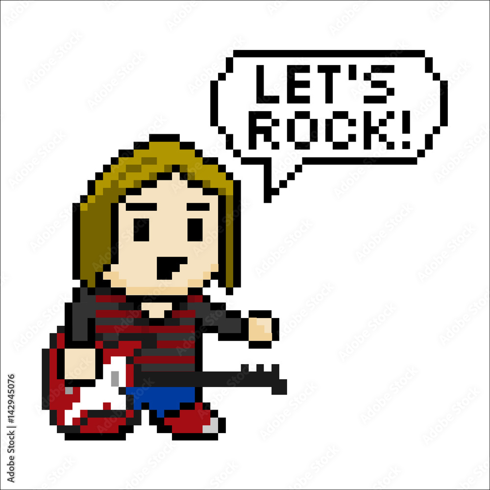 Obraz premium Pixel art guitar player with speech bubble