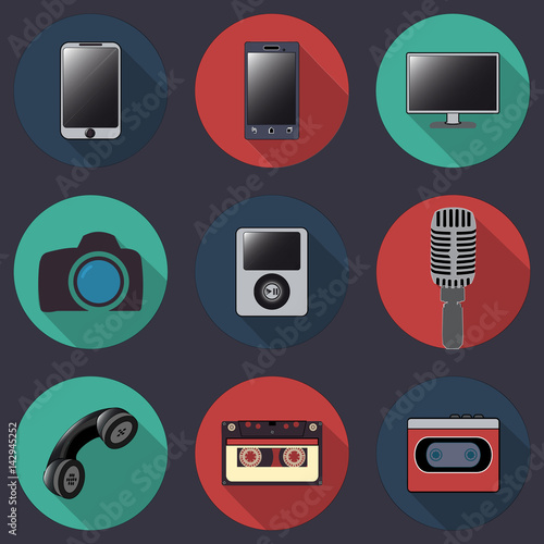 Flat web icons of technics collection with long shadows
