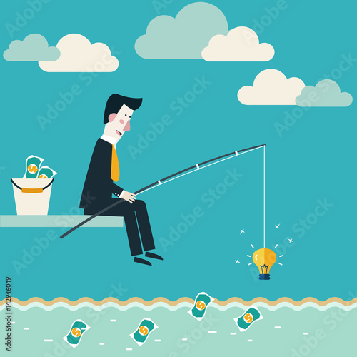 Businessman fishing dollar money. Innovation, strategy and investment concept. Idea attracting money and money attracting ideas