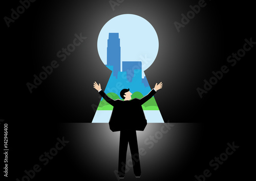 Simple business concept illustration of a businessman complete his journey to find new opportunity in his life