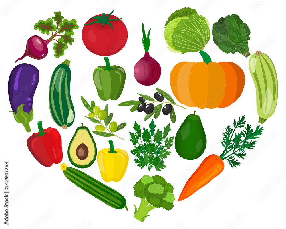Healthy heart with healthy food diet concept. Vector illustration in flat style Healthy heart with healthy food diet concept. Vector illustration in flat style