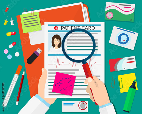 Folder with patient card and doctors hand with magnifying glass. medical report. analysis or prescription concept. vector illustration in flat style.