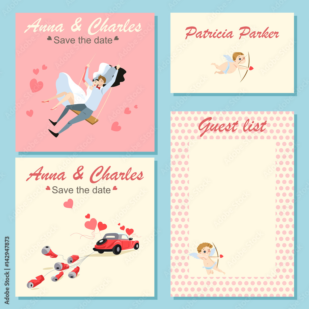 Collection of wedding invitation cards with a cute colorful illustrations of a couple on a swing, wedding car and cupids in cartoon style.
Collection of wedding invitation cards with a cute colorful illustrations of a couple on a swing, wedding car and cupids in cartoon style.