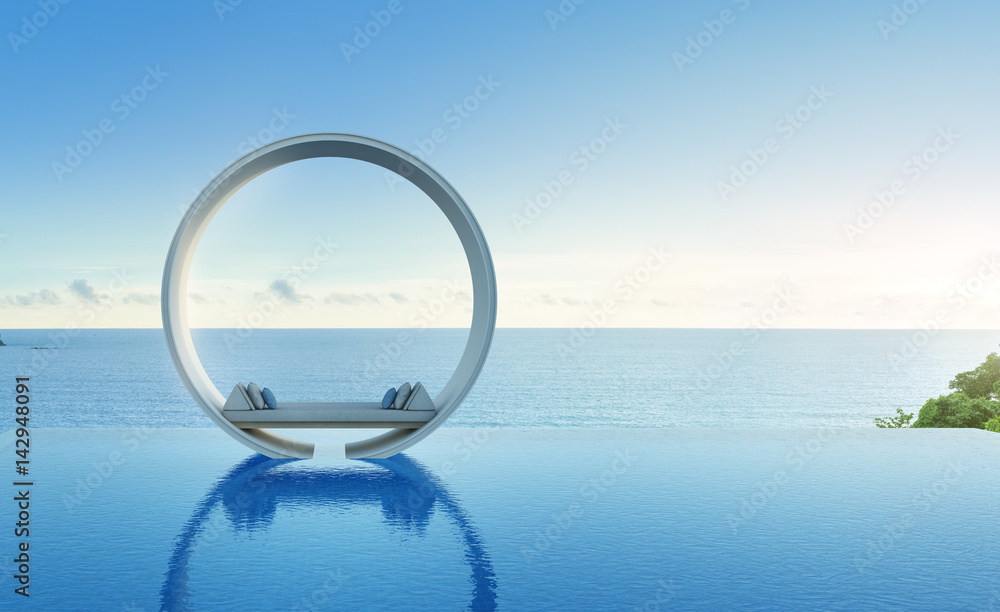 Sofa and swimming pool in luxury sea view hotel - 3d rendering Sofa and swimming pool in luxury sea view hotel - 3d rendering